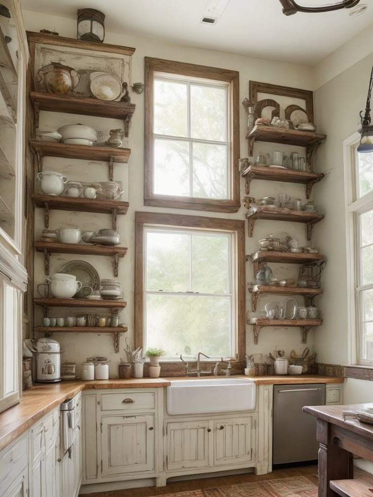 a kitchen filled with lots of open shelves