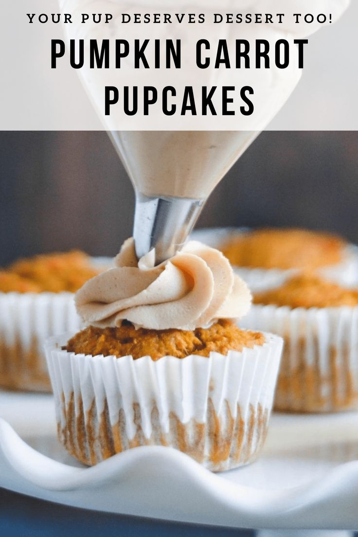 pumpkin carrot cupcakes with frosting being drizzled on top