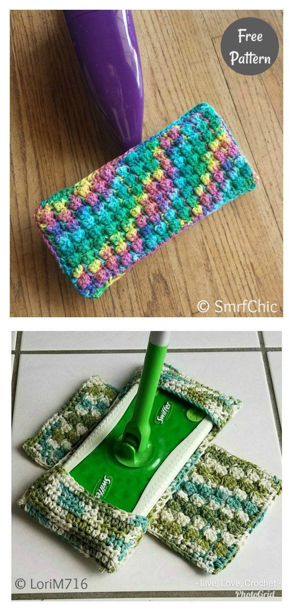 crocheted toilet paper holder is shown with a green brush in the middle and an image of a purple vase next to it