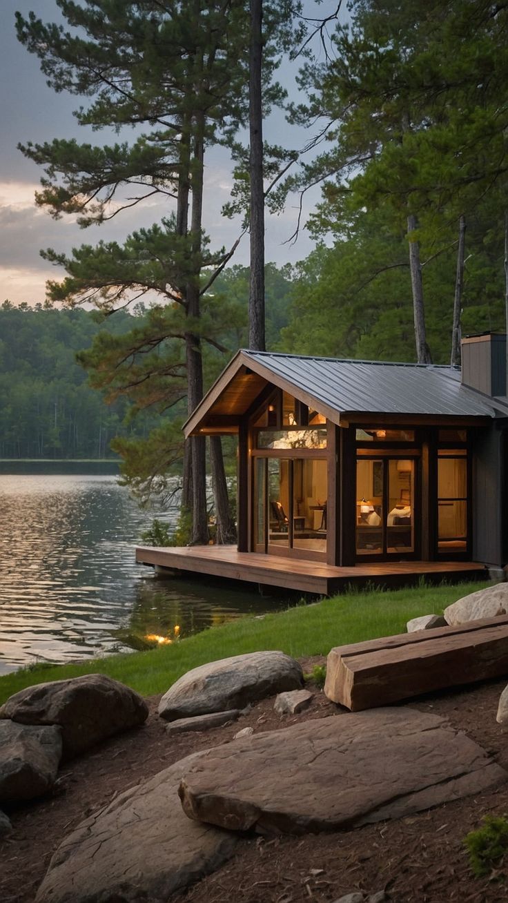 a small cabin sits on the shore of a lake at dusk with its lights on