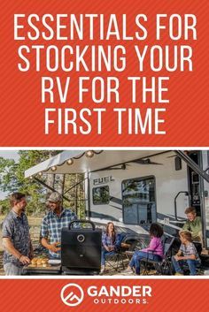 an rv with the words essentials for stocking your rv for the first time