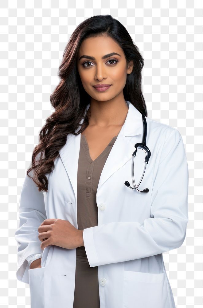 a woman in a white lab coat with her arms crossed