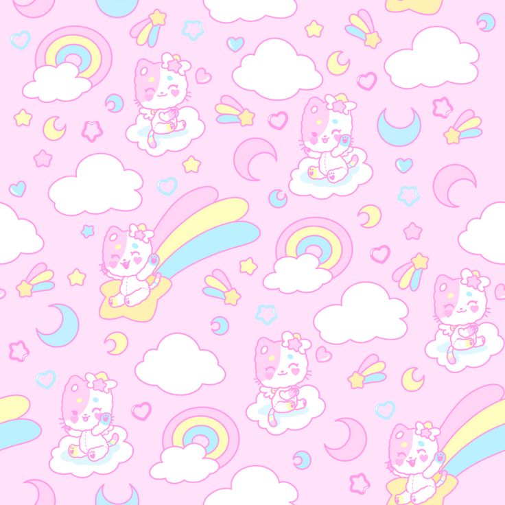 a pink wallpaper with rainbows, clouds and cats in the sky on it