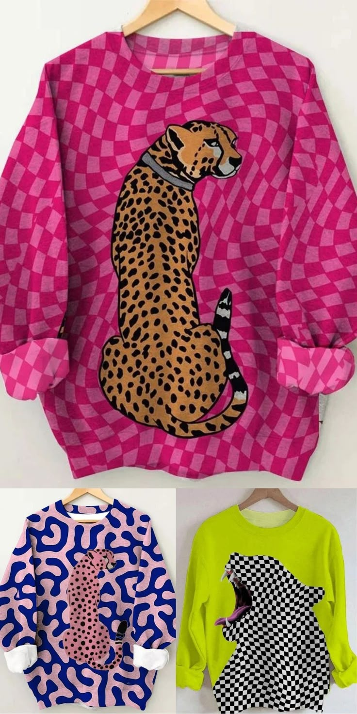 Free shipping on order $80+ 🎁Buy 2 Save 8%🎁Buy 3 Save 10%🎁Buy 5 Save 15% Statement Sweater, Leopard Print Sweatshirt, Plaid And Leopard, Round Neck Sweatshirts, Print Sweatshirt, Pink Sweatshirt, Mode Inspiration, Womens Plaid, Colorful Fashion