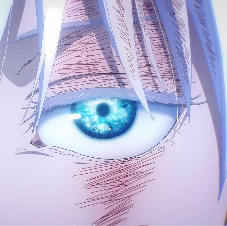 an anime character's blue eye is shown in this close up photo from the side