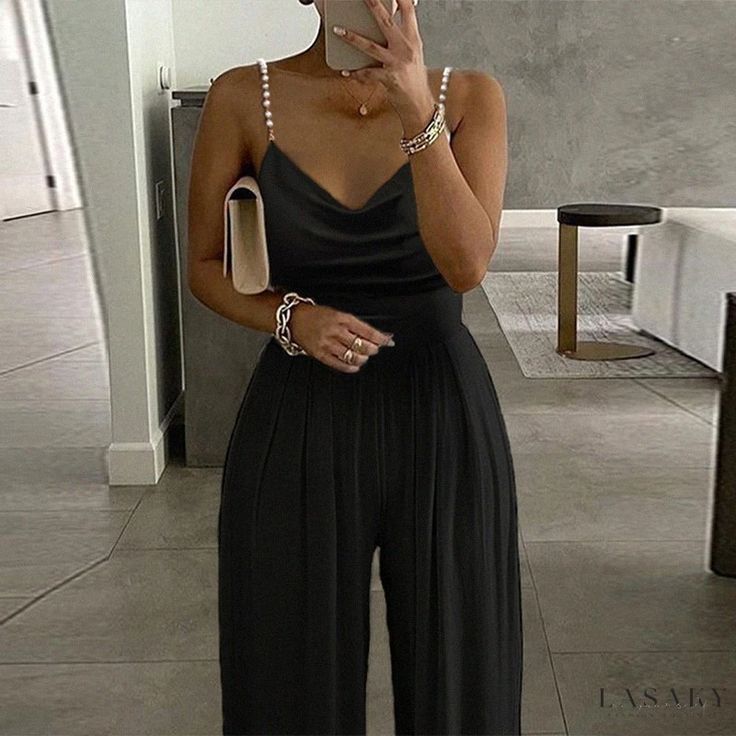 Lasaky - Luxurious Pearl Embellished Sleeveless Dress with Flowing Silhouette Black Backless Jumpsuits, Backless Jumpsuit, Elegant Drapes, Jumpsuit Fashion, Sleeveless Jumpsuits, Wide Leg Jumpsuit, Fashion Colours, Rompers Women, Wide Leg Trousers