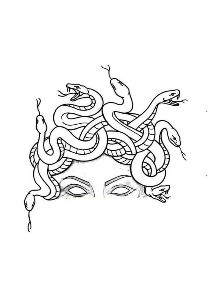 a drawing of a woman's face with snakes on her head and eyes closed