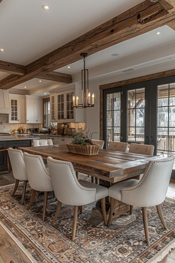 a dining room table and chairs in front of an open kitchen area with french doors