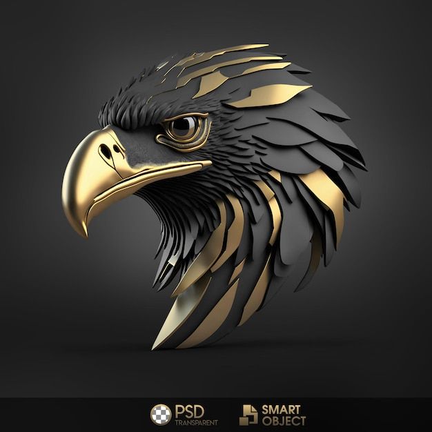 an eagle head made out of gold and black foil on a dark background with the words pdd smart object