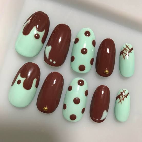 Mint Chocolate Chip Nails, Mint Chocolate Nails, Cookie Nails, Mint Choco, Hello Kitty Nails Art, Simple Gel Nails, Cream Nails, Pretty Gel Nails, Really Cute Nails