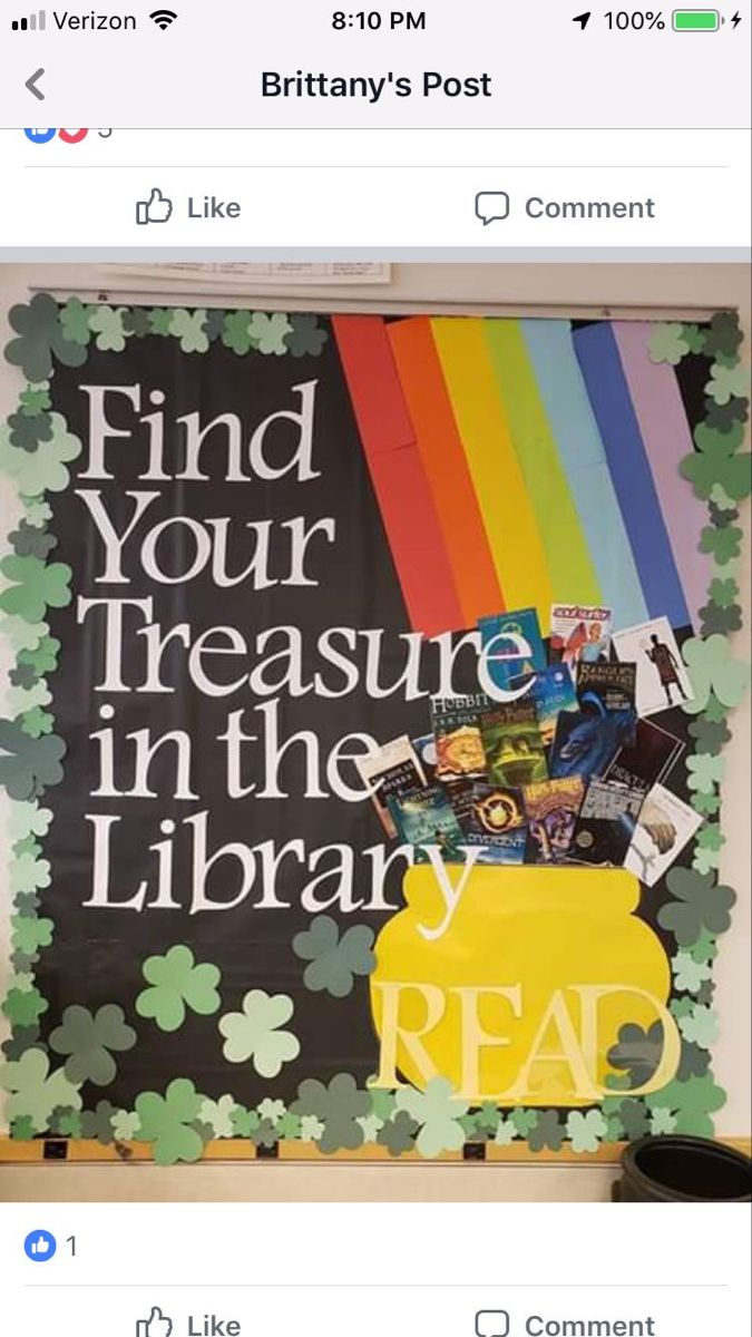 a sign that reads find your treasures in the library and read it on facebook for free