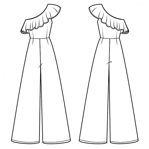 the front and back views of a women's jumpsuit with ruffled sleeves