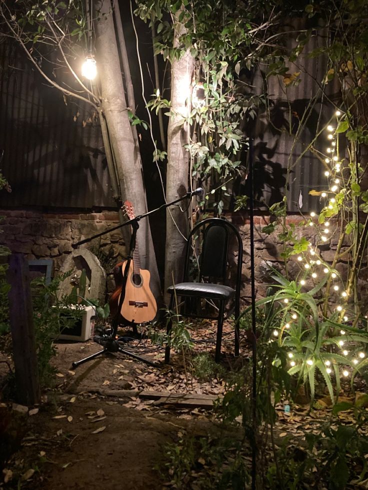 an acoustic guitar sitting in the middle of a garden at night with lights on it