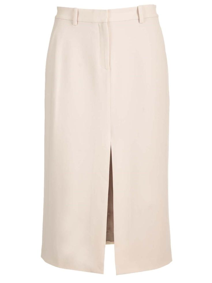 Beige midi skirt from Theory in Japanese crepe, details inspired by trousers, including hook and zip fly, belt loops, welt and slip pockets, straight and precise silhouette. Modern Skirt With Belt Loops For Work, Belted Asymmetrical Skirt For Workwear, Office Knee-length Skirt With Belt Loops, Relaxed Midi Skirt For Workwear, Knee-length Workwear Skirt With Belt Loops, Elegant Business Casual Skirt With Belt Loops, Formal Belted Pencil Skirt, Modern Asymmetrical Pencil Skirt For Workwear, Modern Asymmetrical Pencil Skirt For Work