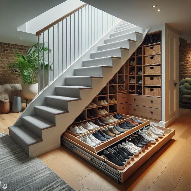 an open drawer under the stairs is filled with shoes