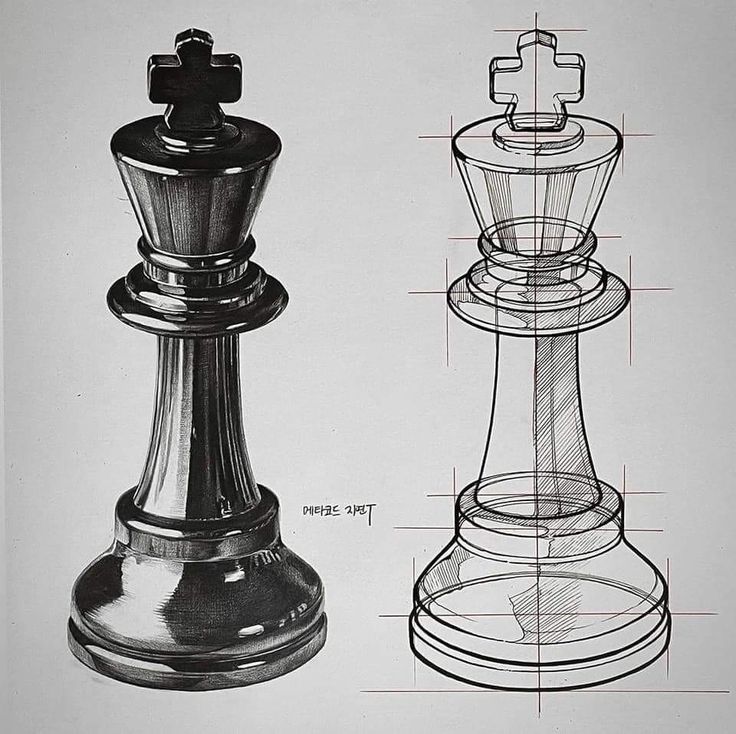 a black and white drawing of a chess piece next to a glass chess piece on a sheet of paper