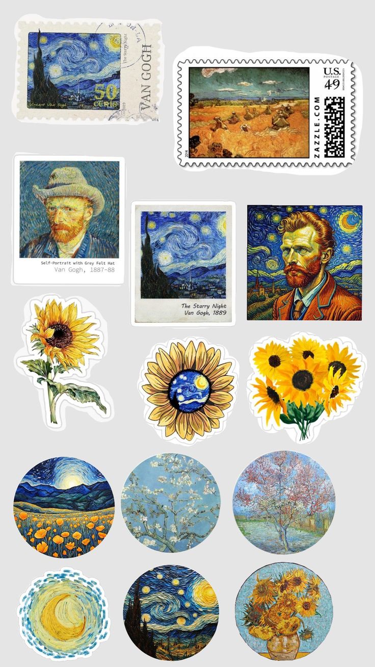 stamps with paintings and sunflowers on them, including an image of van gogh