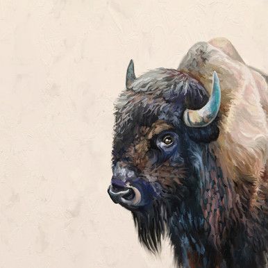 a painting of a bison with horns on it's head, standing in front of a wall