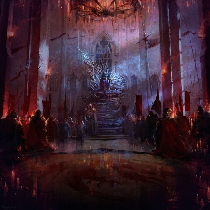 an image of a fantasy scene with people in front of a giant throne and stairs