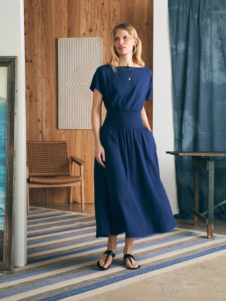 Coast To Coast Midi Dress - Navy | Faherty Brand Chic Fitted Smocked Dress With Elastic Waistband, Modest Smocked Summer Dress For Daywear, Casual Solid Midi Dress With Gathered Waist, Chic Dresses With Smocked Back Relaxed Fit, Chic Dresses With Smocked Back And Relaxed Fit, Modest Maxi Dress With Elastic Waistband For Summer, Chic Relaxed Fit Dress With Smocked Back, Casual Workwear Dress With Smocked Bodice, Summer Midi Dress With Fitted Gathered Waist