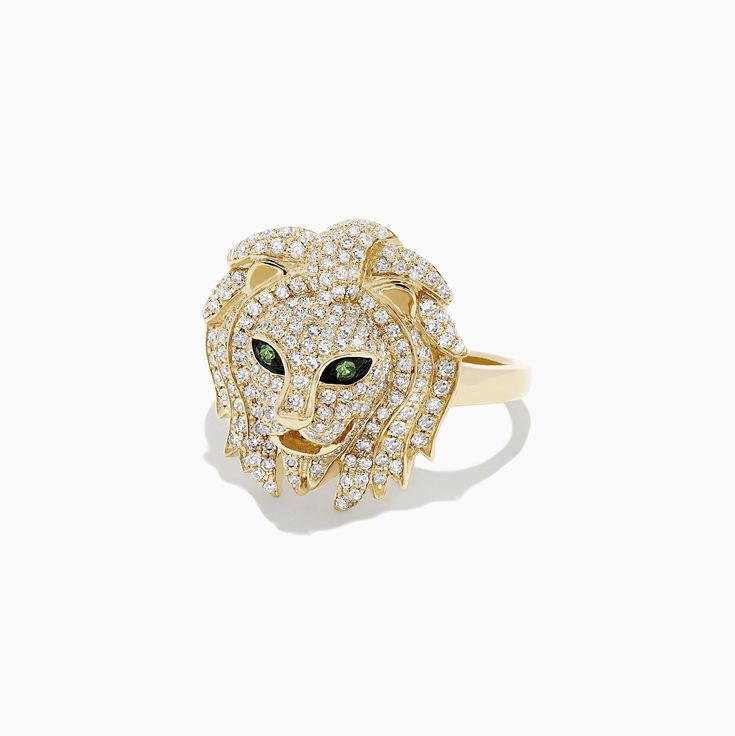 Effy Safari 14K Yellow Gold Diamond and Tsavorite Lion Head Ring, 0.69 TCW Gold Tsavorite Rings In Fine Jewelry Style, Head Ring, Yellow Stone, Lion Head, Gold Yellow, Round Diamonds, Gold Diamond, Heart Ring, Gold Metal