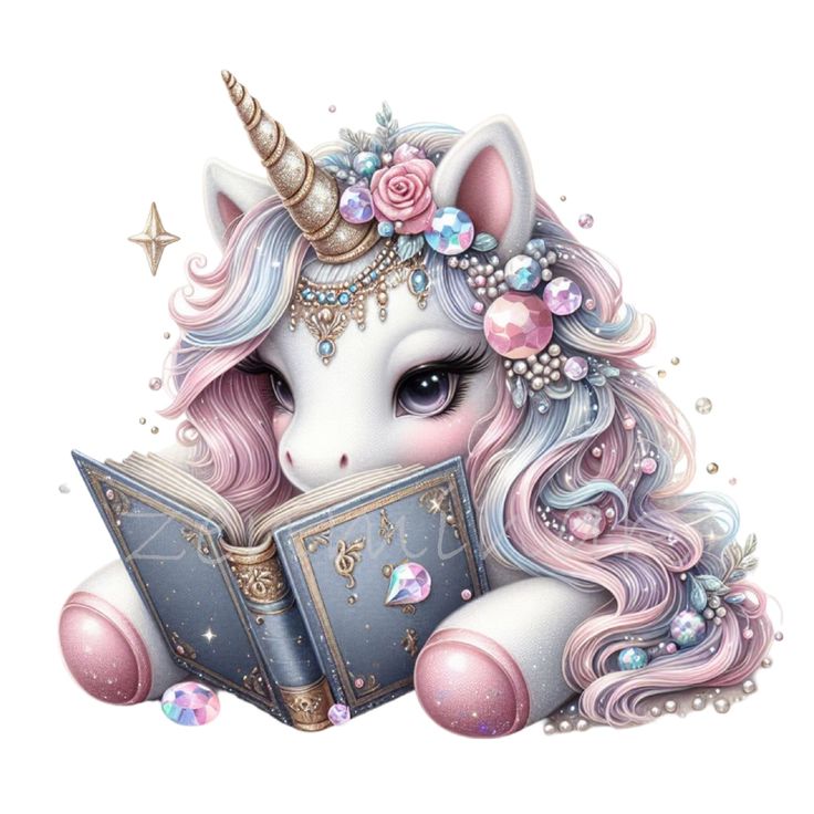 the unicorn is reading a book while wearing a tiara and holding it's head