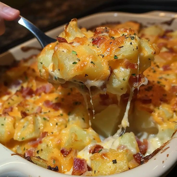 a person is holding a spoon full of macaroni and cheese casserole