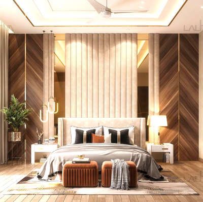 a modern bedroom with wood paneling and white furniture