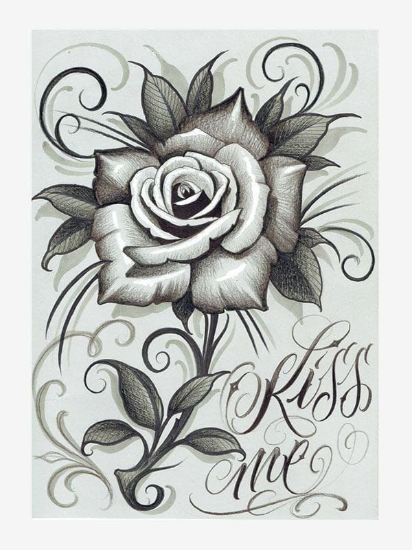 a drawing of a rose with the words kiss me