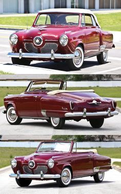 three different pictures of an old red car in four different stages, including the front and side views