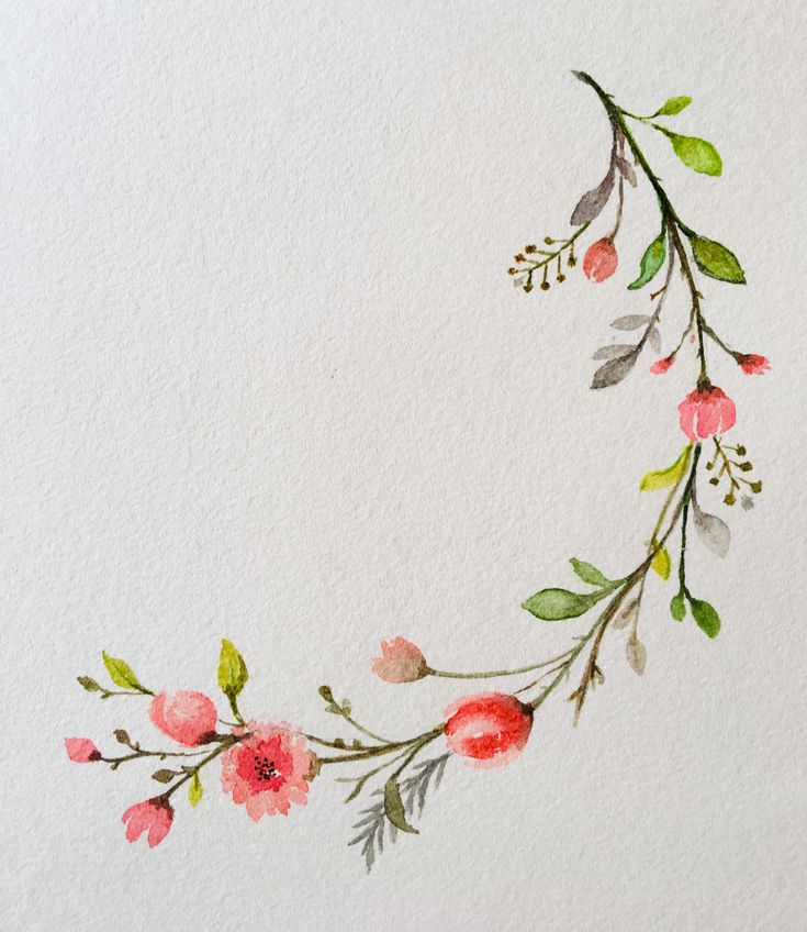 watercolor painting of pink flowers on white paper with green leaves and branches in the middle