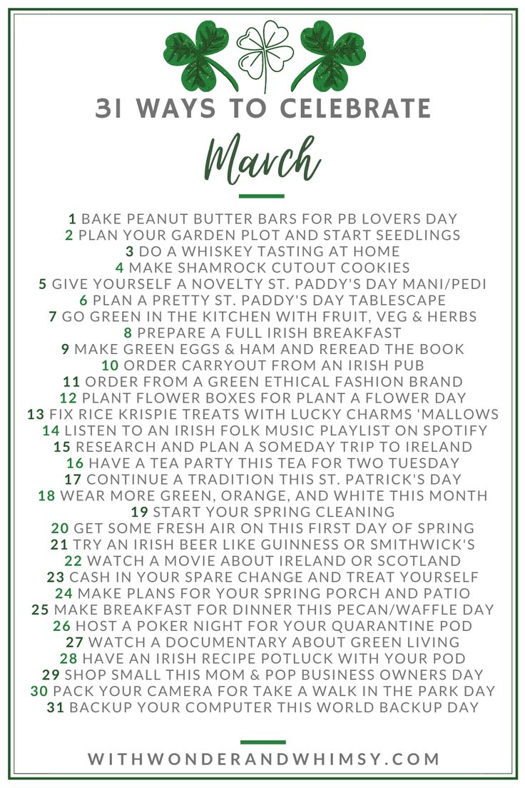 the 31 ways to celebrate march with shamrocks and clovers in green on white