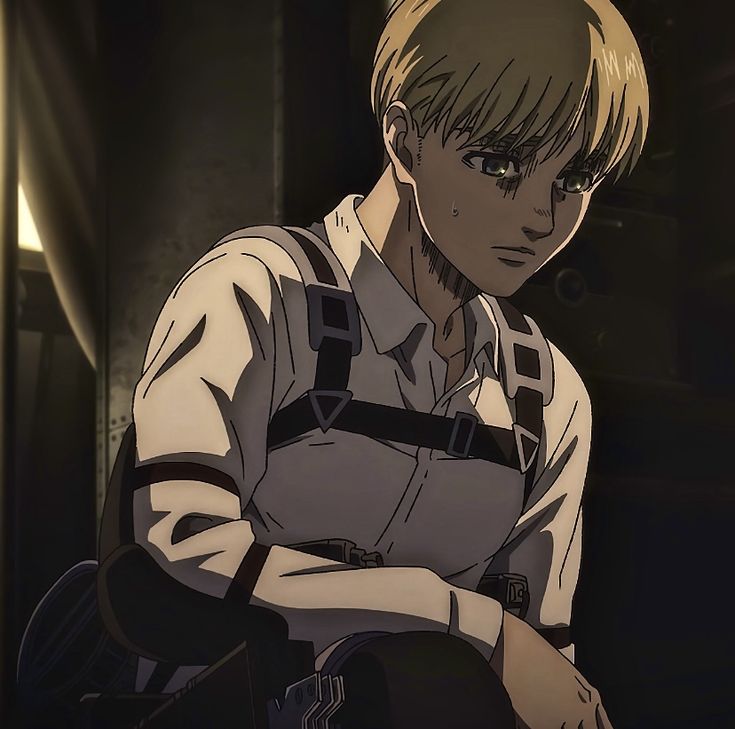 an anime character with blonde hair and suspenders