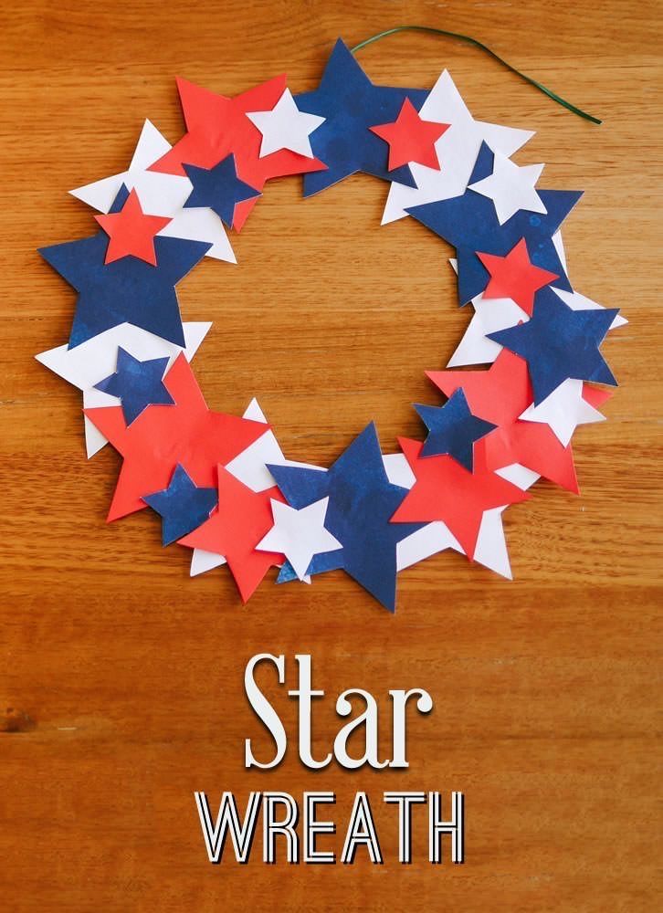 a wreath made out of red, white and blue paper with the words star wreath on it