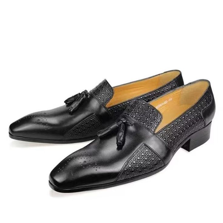 Introducing the ElegantGent Leather Brogue Oxford Wedding Loafers, crafted with the finest genuine cow leather for a luxurious and sophisticated look. Slip into these sleek loafers with a pointed toe design and enjoy the comfort of the PU lining. Elevate your style and make a statement at any formal occasion. Shop now and step into elegance. Slip-on Leather Shoes With Brogue Detailing For Galas, Business Tassel Loafers With Pointed Toe And Leather Sole, Formal Closed Toe Slip-ons With Leather Sole, Pointed Toe Tassel Loafers With Leather Sole For Business, Classic Wingtip Loafers For Party, Formal Pointed Toe Tassel Loafers With Rubber Sole, Elegant Wingtip Slip-ons With Rubber Sole, Leather Tassel Loafers With Brogue Detailing And Pointed Toe, Leather Loafers For Wedding With Plain Toe