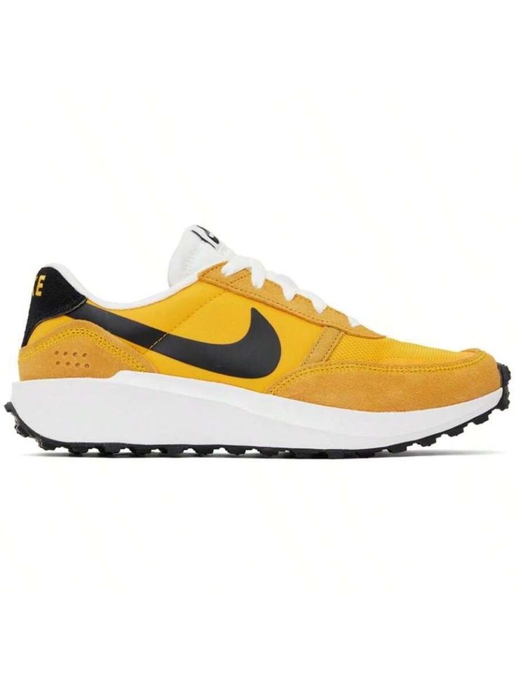 Nike 
Yellow Waffle Nav Sneakers 
Low-top mesh, canvas, and suede sneakers in yellow. 
. Lace-up closure 
. Logo patch at exposed foam tongue 
. Padded collar 
. Swoosh bonded at sides 
. Logo embroidered at heel 
. Perforated detailing at outer heel 
. Mesh lining 
. Foam rubber midsole 
. Treaded rubber sole 
Please note that this item may be shipped only within North America. 
Supplier color: University gold/Black 
Upper: leather, textile. Sole: rubber. 
Made in Indonesia. 
242011M237047 
Yel Retro Yellow Sneakers With Vulcanized Sole, Yellow Mesh Sneakers With Round Toe, Mesh Running Shoes With Vulcanized Sole For Streetwear, Yellow Lace-up Mesh Sneakers, Yellow Sneakers With Rubber Waffle Outsoles For Streetwear, Yellow Sporty Sneakers With Vulcanized Sole, Yellow Sneakers With Contrast Sole, Yellow Mesh Running Shoes With Rubber Sole, Yellow High-top Canvas Sneakers