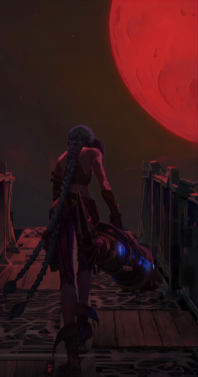 an animated image of a woman standing on a dock in front of a red moon