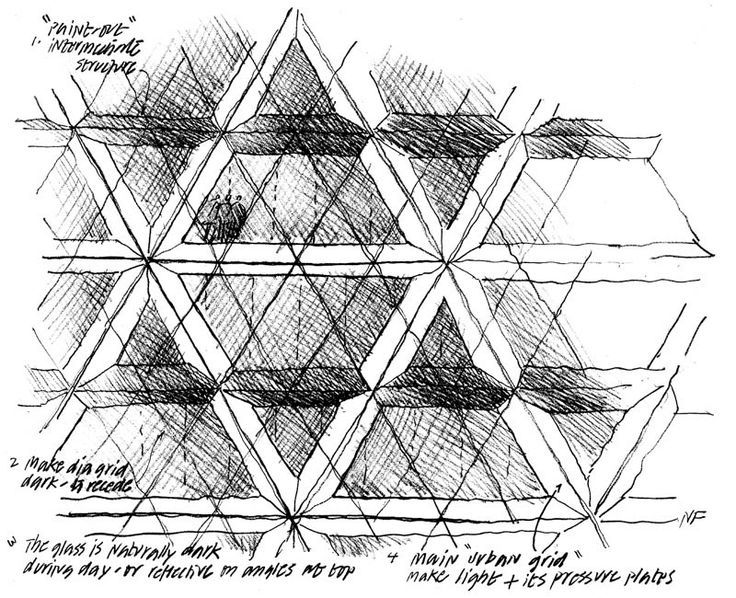 a drawing of an abstract structure with lines and shapes on it, in black ink