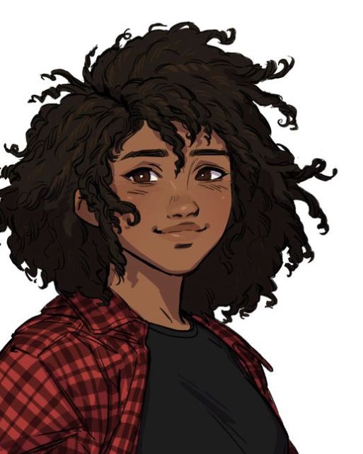 a drawing of a woman with curly hair and a plaid shirt, looking at the camera