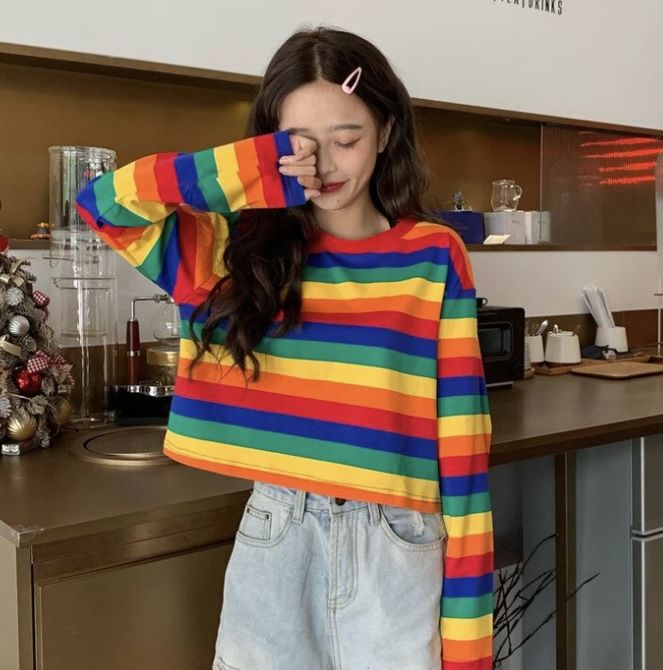 Rainbow Shirt Outfit, Rainbow Striped Shirt, About Rainbow, Casual Blouse Shirts, Rainbow Outfit, Cute Rainbow, Pride Outfit, Rainbow Shirt, Cropped Shirt