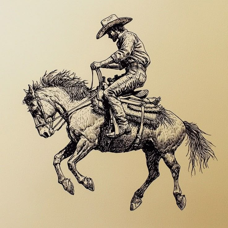 a drawing of a man riding on the back of a brown horse with a cowboy hat