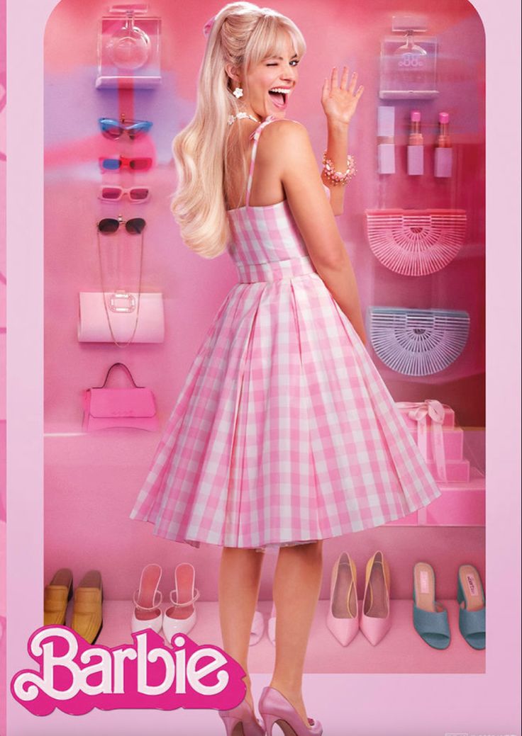 the barbie doll is standing in front of a pink display case with shoes and handbags