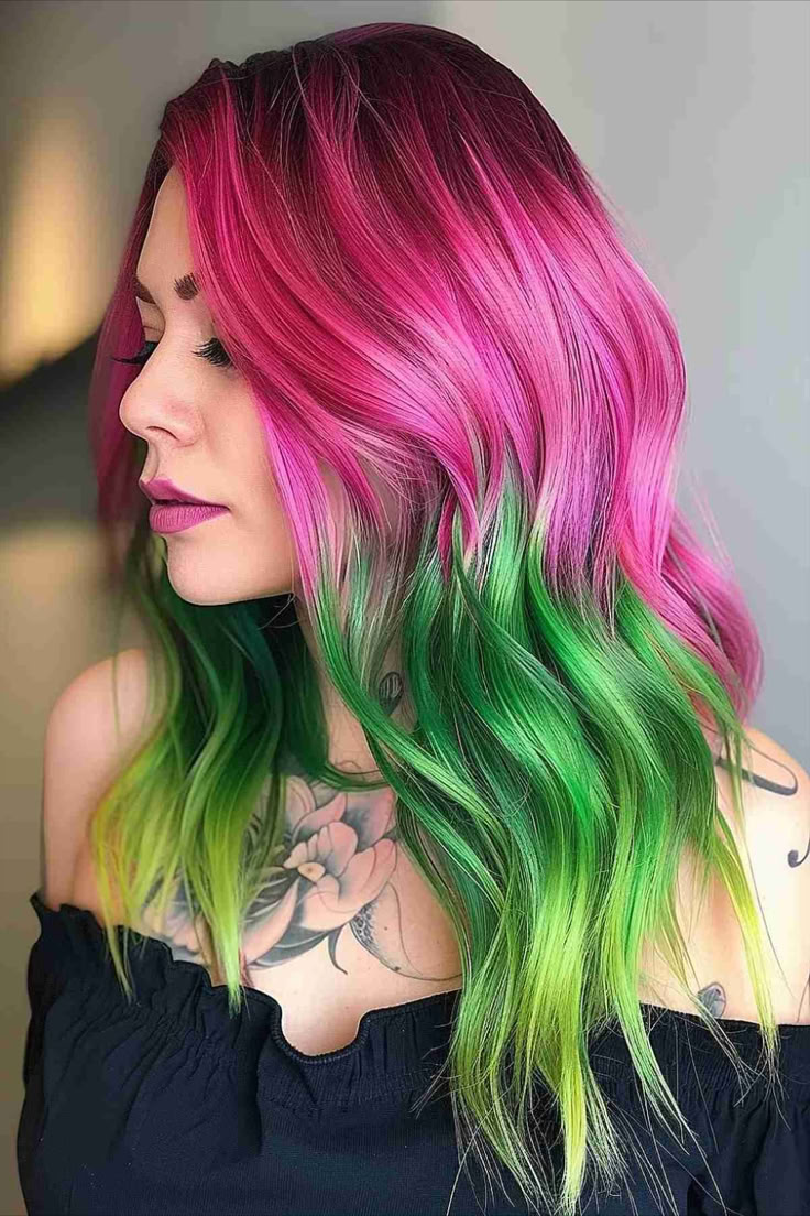 Woman with deep watermelon hair hue transition, showcasing rich and vibrant colors. Pink Green Hair, Watermelon Hair, Pink And Green Hair, Peekaboo Highlights, Vivid Hair Color, New Hair Colors, Mermaid Hair, Latest Hairstyles, Rainbow Hair