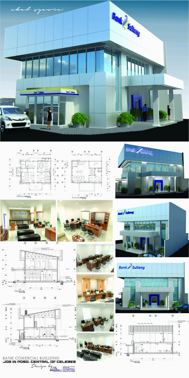 an architectural rendering of the front and side of a building with several different sections in it