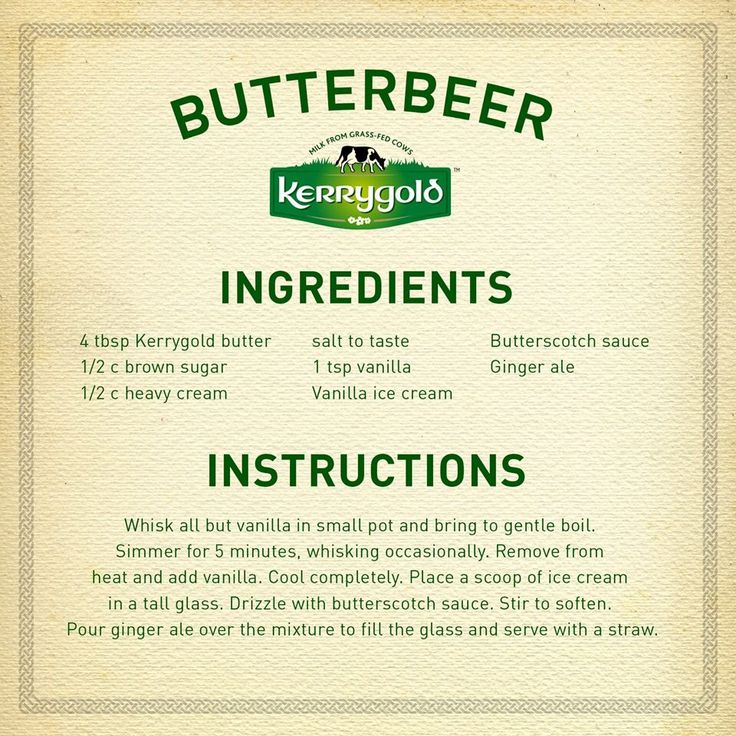 the instructions for butterbeeer ingredients are shown in green and white lettering on a beige background