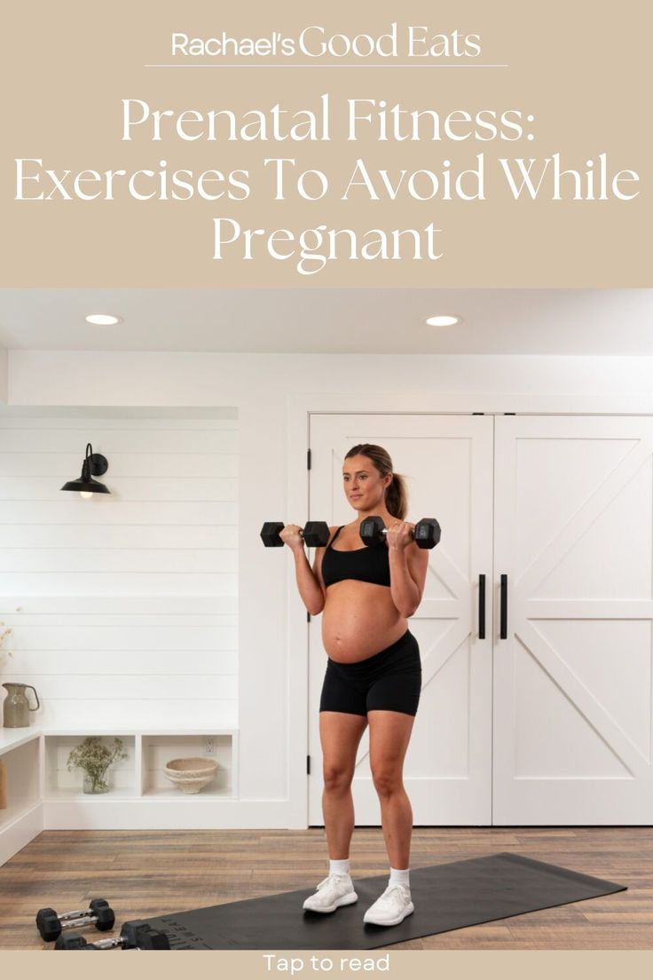 a pregnant woman is doing exercises with dumbbells in her home gym, and the text reads prenatl fitness exercises to avoid while pregnant