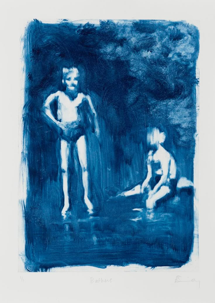 a blue and white drawing of two boys in the water, one is holding his leg up