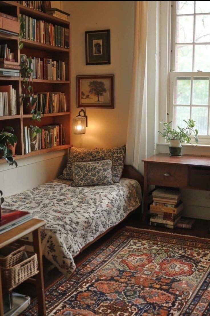 a bedroom with a bed, desk and bookshelf full of books in it