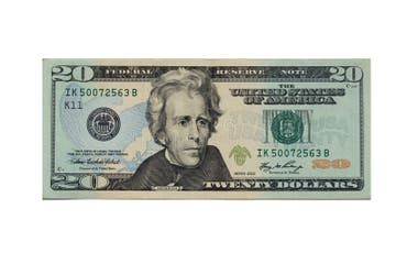 a twenty dollar bill with an image of thomas washington on it's front side