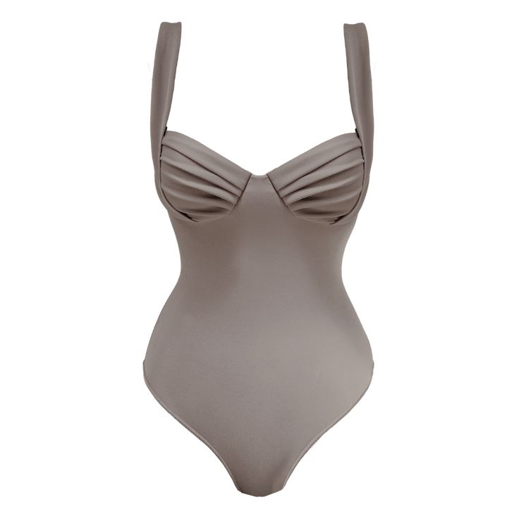 Enhancing your bust with its lifting construction and bendy underwire support, this style frames your breasts with thick and adjustable straps for a gentle cleavage boost from the sides with pleated petal-like cups to give your bust a fuller effect. Contour your figure with seamless shaping in this one-piece as it cinches your body with our strong and stretchy fabric colored in 'Charcoal' black, shaped with our 'Classic' back coverage. Details Contouring one-piece Colorway: 'Haze' taupe Smooth, Charcoal Black, Black Charcoal, Stretchy Fabric, Fabric Color, Adjustable Straps, One Piece, Fabric, Black